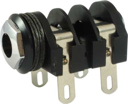 Metal 1/4 inch mono switching jack with four lug terminals and plastic insulating spacers.