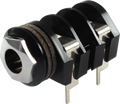 Black and metallic silver 1/4 inch mono switching jack with 4 lug PCB pins and a hex nut