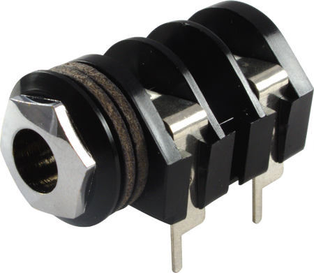 Black and metallic silver 1/4 inch mono switching jack with 4 lug PCB pins and a hex nut
