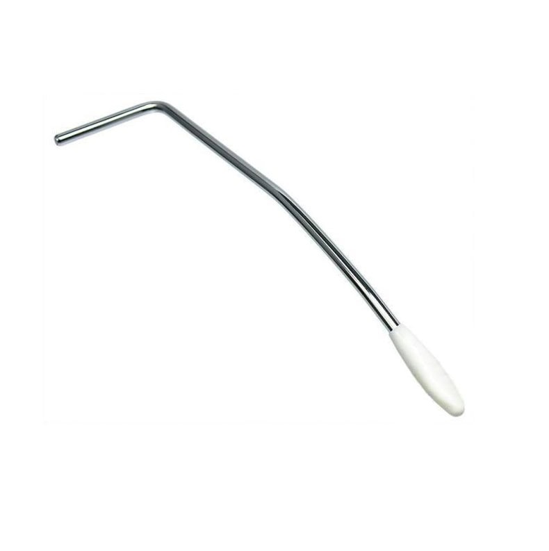 Chrome metal tremolo arm for guitar with white plastic tip on a white background.
