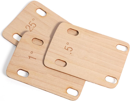 Three rectangular wooden tapered guitar neck shims marked with 25°, 1°, and .5° angles.