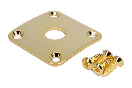 Gold-colored square metal jack plate with four screw holes and three matching screws on a white background.
