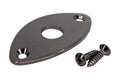 Silver metal jack plate with three holes and two accompanying screws on white background.