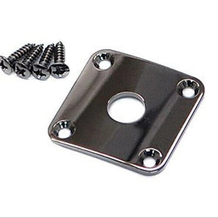 Curved square metal jack plate with central hole and four screws placed beside it.