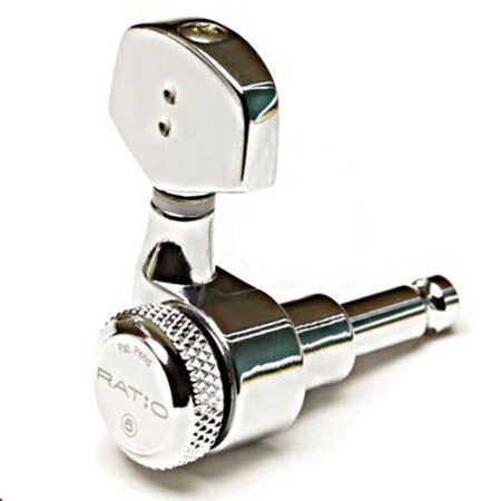 Close-up image of a single silver locking tuning peg for a guitar with knurled adjustment knob.