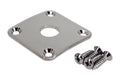 A square chrome metal plate with a central hole and four screws for mounting.