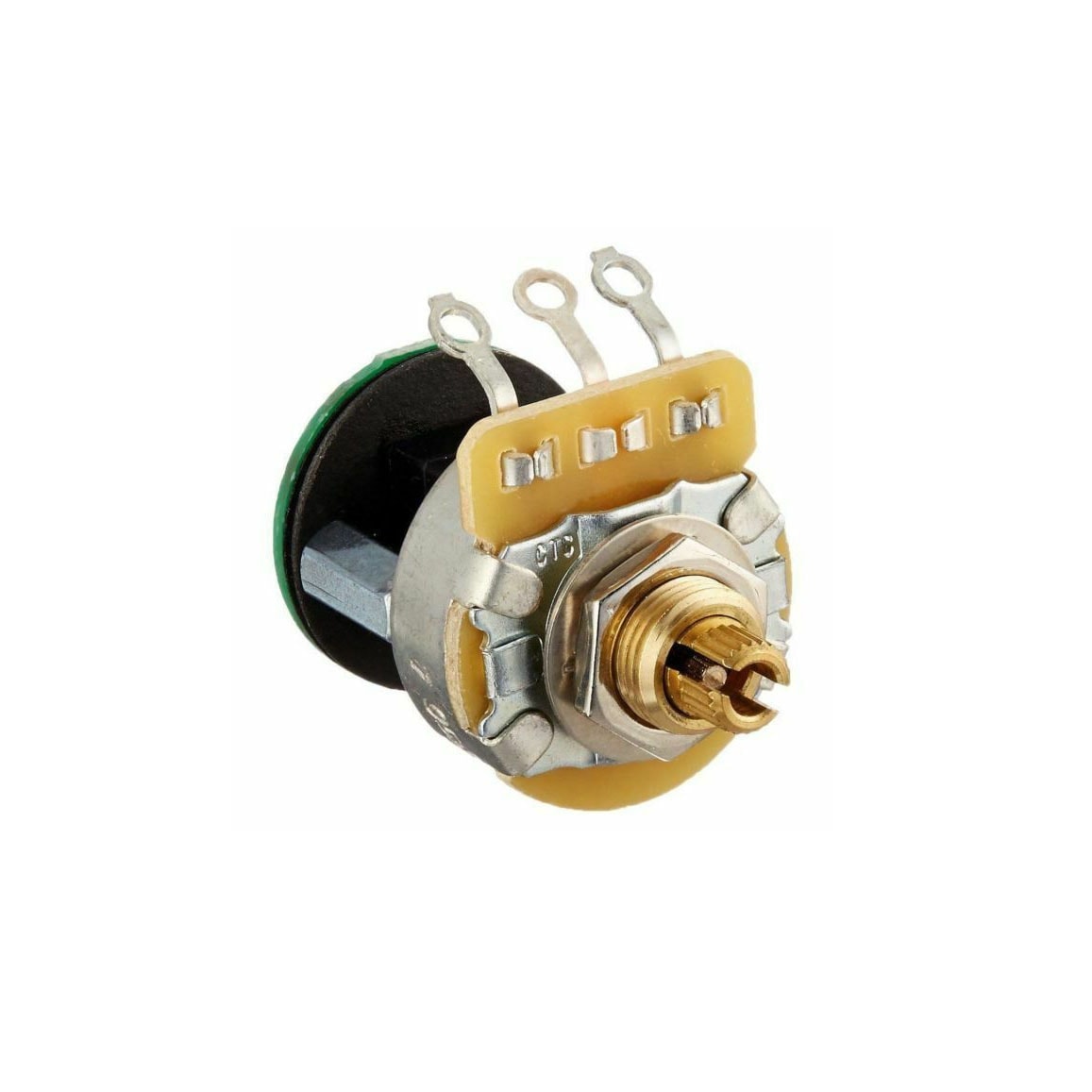 Close-up image of a metal potentiometer with three solder lugs and a threaded shaft for mounting.