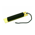 Gold-colored rectangular pickup shield with black fabric foam and attached black wire with bare end.