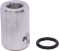 Silver metal cylindrical cap next to a black rubber O-ring on a white background.