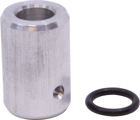 Silver metal cylindrical cap next to a black rubber O-ring on a white background.