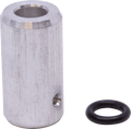 Silver cylindrical metal cap with side hole and black rubber O-ring next to it on a white background.