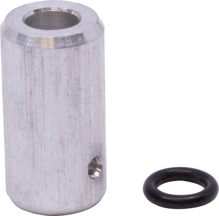 Silver cylindrical metal cap with side hole and black rubber O-ring next to it on a white background.