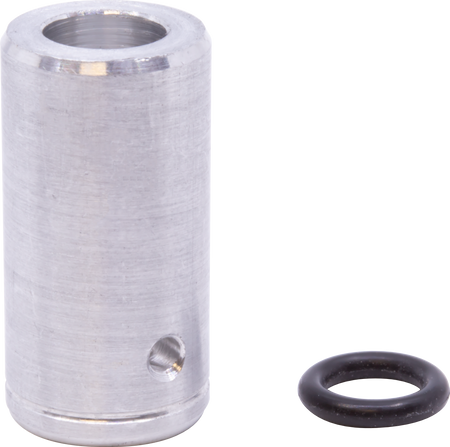 Metal cylindrical cap with an M8 threaded hole and a small side hole beside a black rubber O-ring.