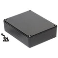 Black rectangular metal enclosure with four screws placed beside it on a white background.