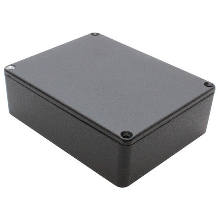 Black metal rectangular enclosure box with four corner screws on the top cover.