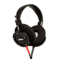 Black over-ear headphones with foam ear pads, metal headband supports, and a red and black audio cable.