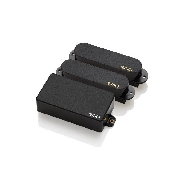 Three black guitar pickups with EMG logos, two single-coil style and one humbucker style, arranged on white background.