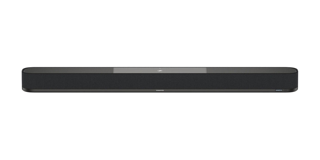 Front view of a long black soundbar with fabric grill and small controls on top center.