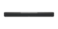 Front view of a long black soundbar with fabric grill and small controls on top center.