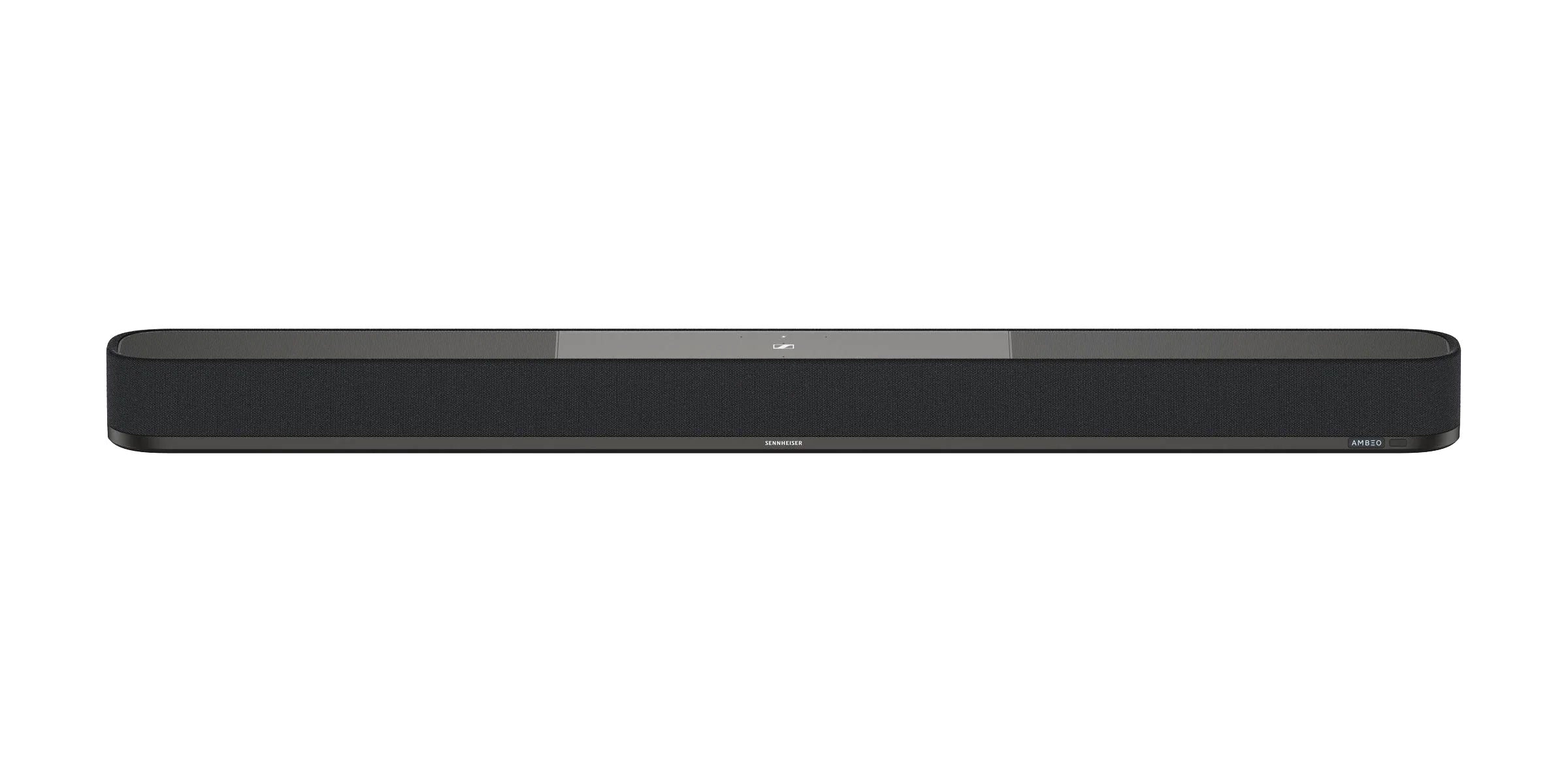 Front view of a long black soundbar with fabric grill and small controls on top center.