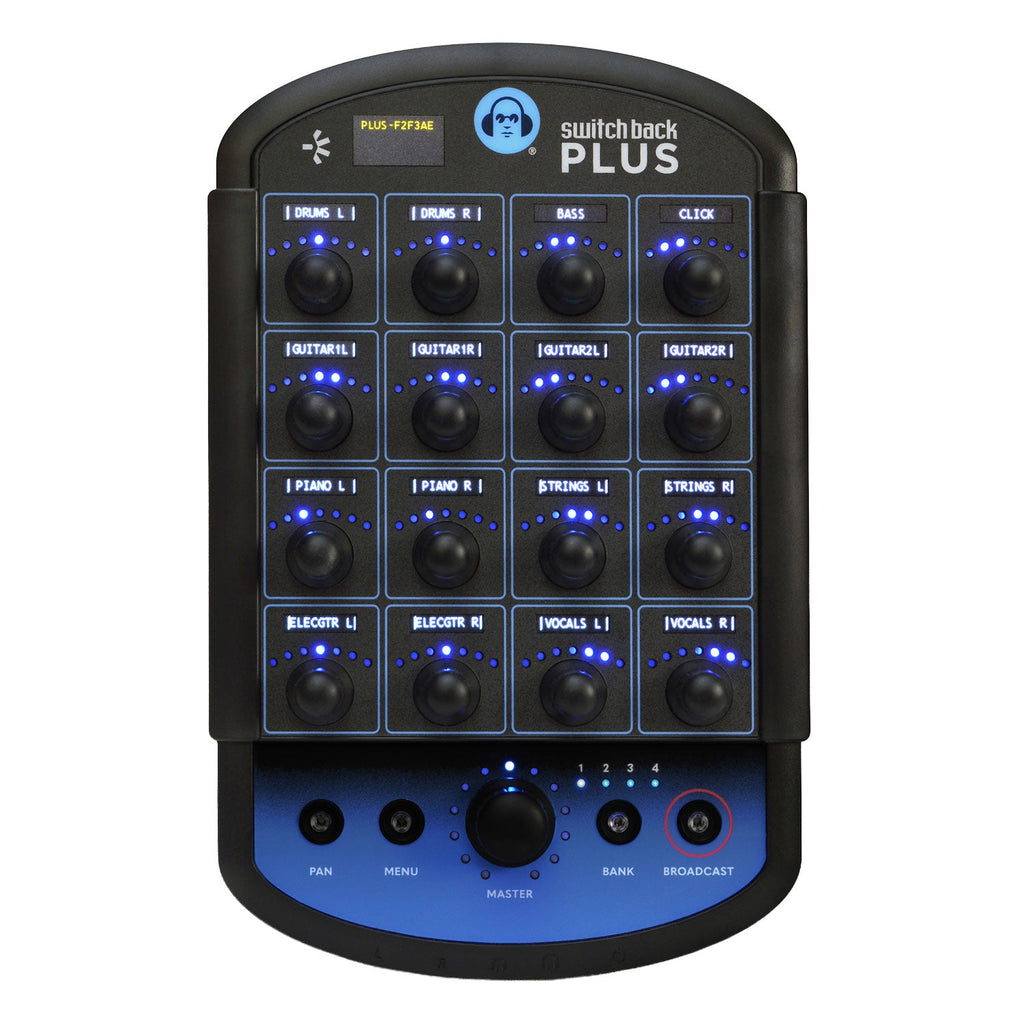Black and blue audio control device with multiple knobs and jack ports labeled with various instrument and audio terms.