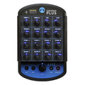 Black and blue audio control device with multiple knobs and jack ports labeled with various instrument and audio terms.
