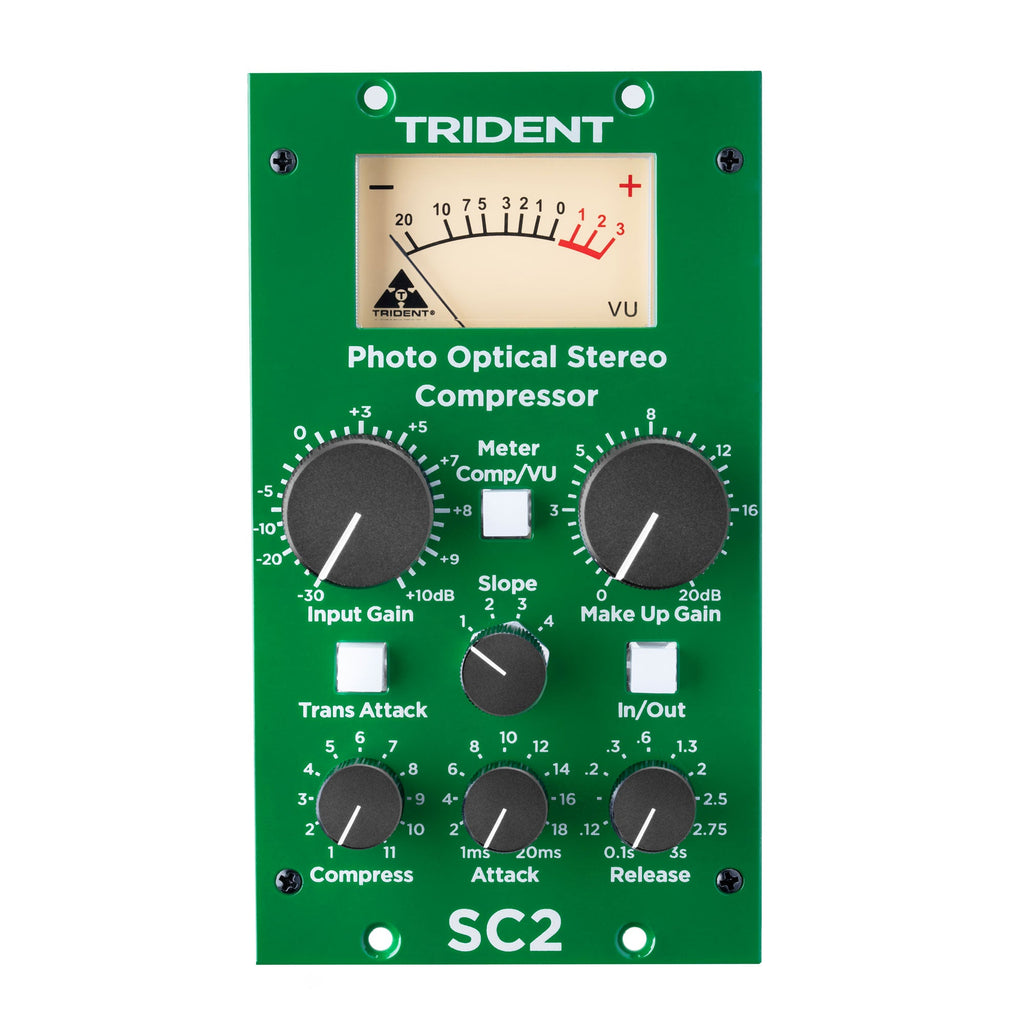 Green Trident SC2 Photo Optical Stereo Compressor unit with multiple control knobs and a VU meter.