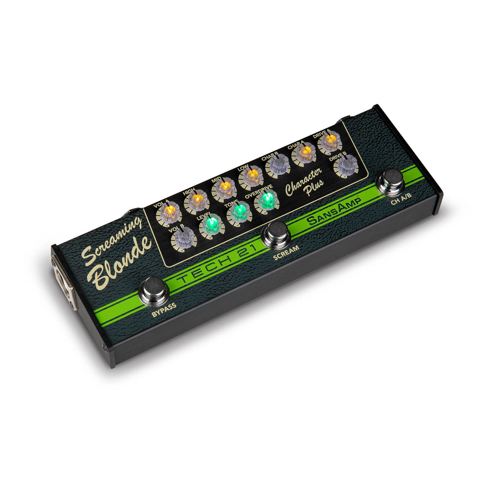 Black and green Tech 21 Screaming Blonde Character Plus pedal with multiple knobs and three footswitches.