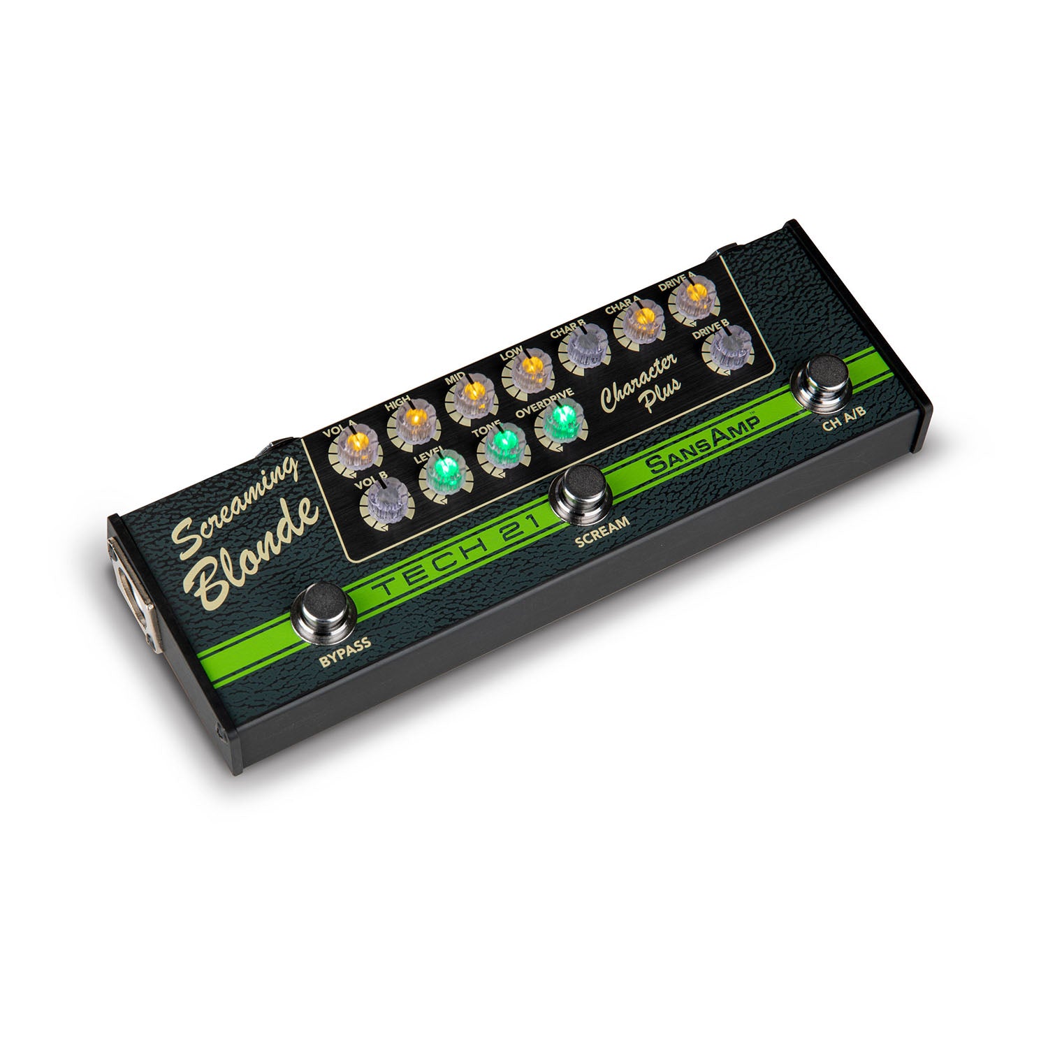 Black and green Tech 21 Screaming Blonde Character Plus pedal with multiple knobs and three footswitches.