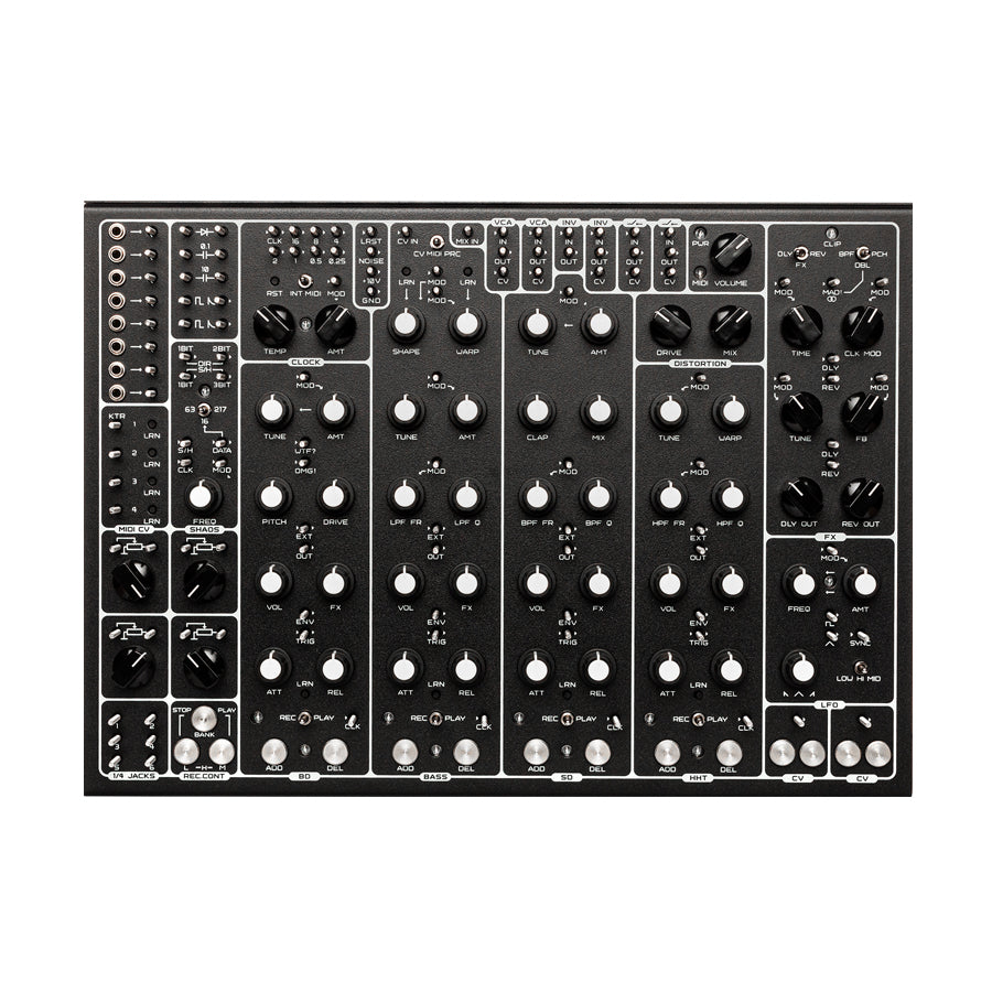 Black electronic drum machine module with multiple knobs, buttons, and jack sockets labeled for various sound and control functions.