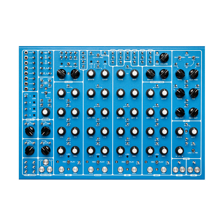 Blue electronic music device panel with multiple knobs, switches, and jacks for controls and audio inputs/outputs.