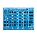 Blue electronic music device panel with multiple knobs, switches, and jacks for controls and audio inputs/outputs.