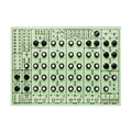 Top-down view of a green SOMA Laboratory Pulsar-23 drum machine with many knobs, switches, and 1/8 inch jacks.
