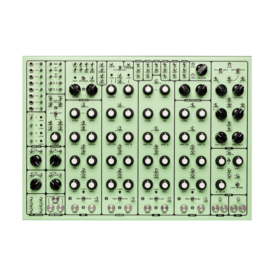 Top-down view of a green SOMA Laboratory Pulsar-23 drum machine with many knobs, switches, and 1/8 inch jacks.