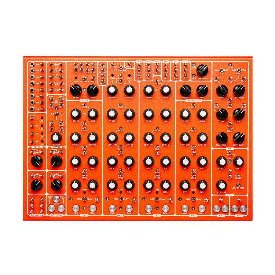 Orange electronic drum machine panel with multiple knobs, buttons, and 1/4-inch jacks labeled for various sound controls and effects.