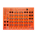 Orange electronic drum machine panel with multiple knobs, buttons, and 1/4-inch jacks labeled for various sound controls and effects.