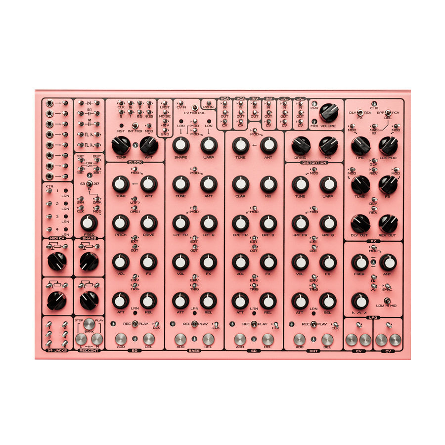 Top-down view of a pink electronic music drum machine with multiple knobs, switches, buttons, and 1/4 inch jacks.