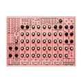 Top-down view of a pink electronic music drum machine with multiple knobs, switches, buttons, and 1/4 inch jacks.