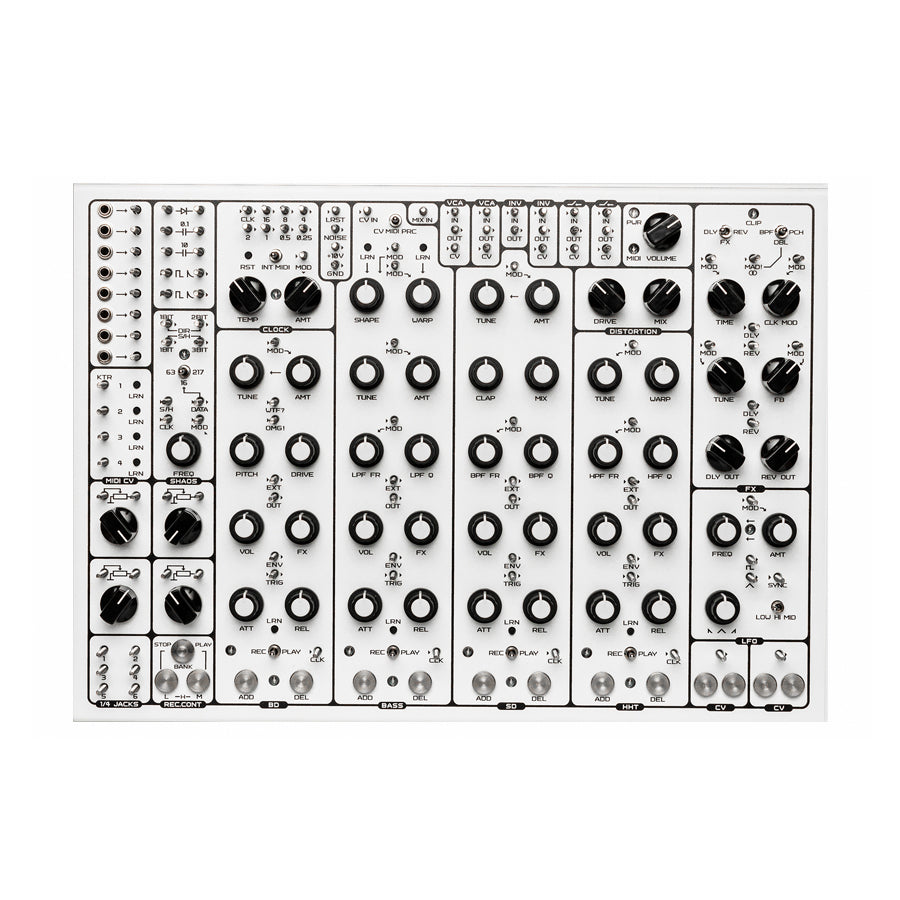 White SOMA Laboratory Pulsar-23 electronic drum machine module with multiple knobs, switches, and jacks.