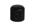 Black metal knurled circular knob with a slotted screw on its side on a white background.