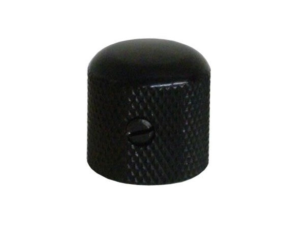 Black metal knurled circular knob with a slotted screw on its side on a white background.