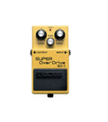 Yellow guitar effects pedal with three control knobs labeled Level, Tone, and Drive, and input/output jacks.