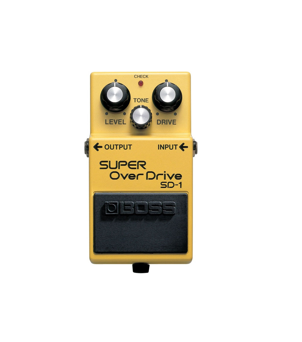 Yellow guitar effects pedal with three control knobs labeled Level, Tone, and Drive, and input/output jacks.