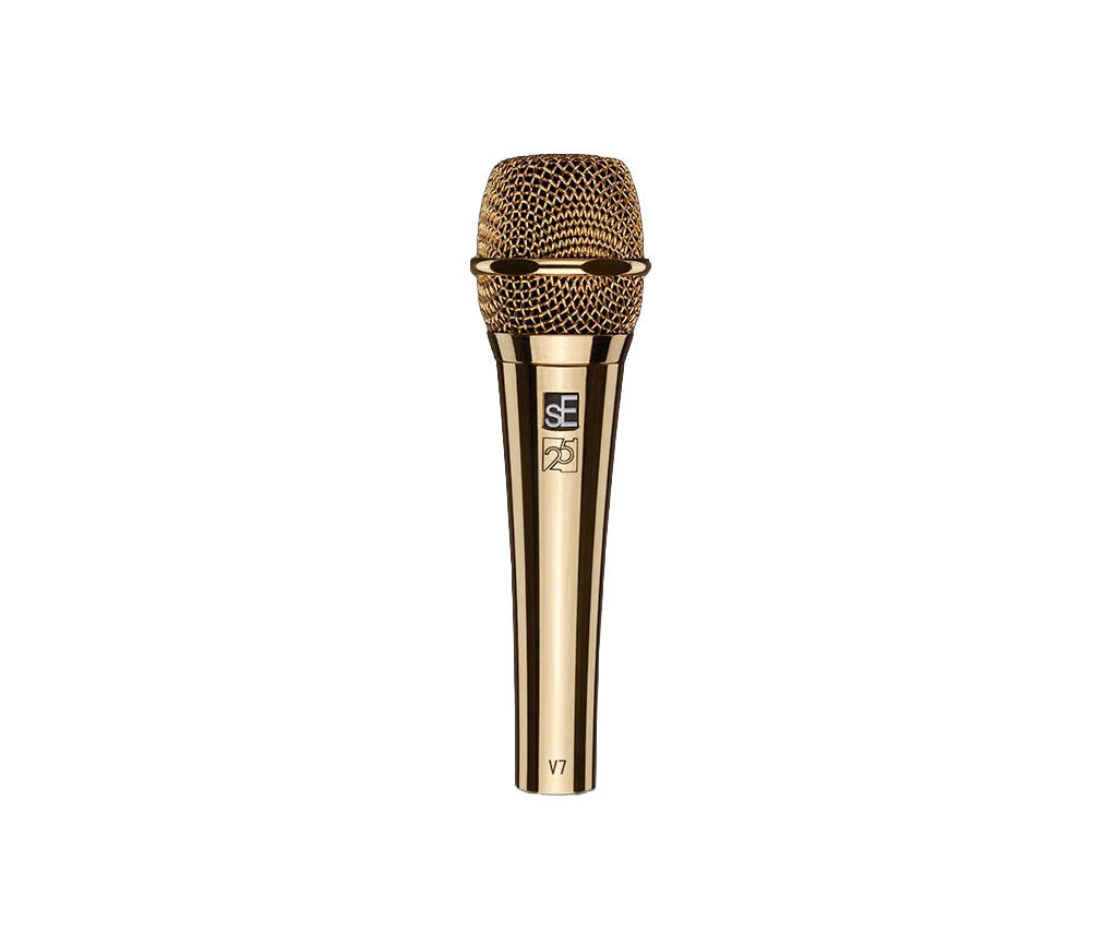 Gold-colored handheld microphone with mesh grille and sE logo on the body.