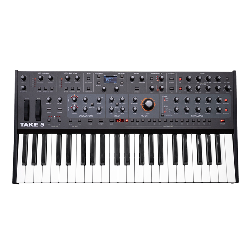Front view of a black synthesizer with a keyboard and multiple knobs, buttons, and a small screen.