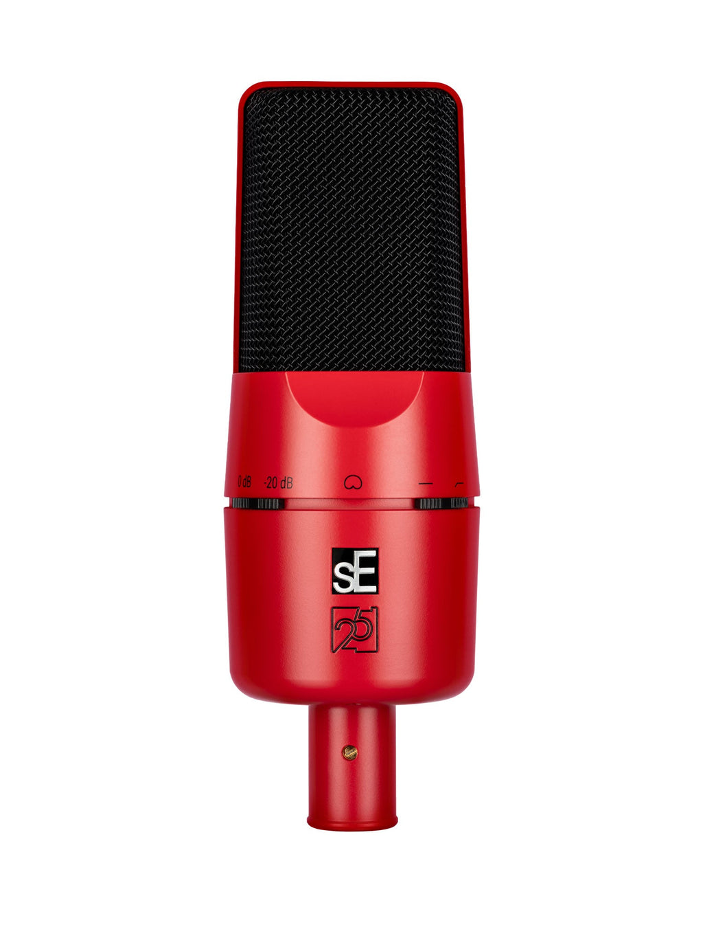 Red and black studio microphone with 3-pin XLR connector and rotary controls viewed from front.