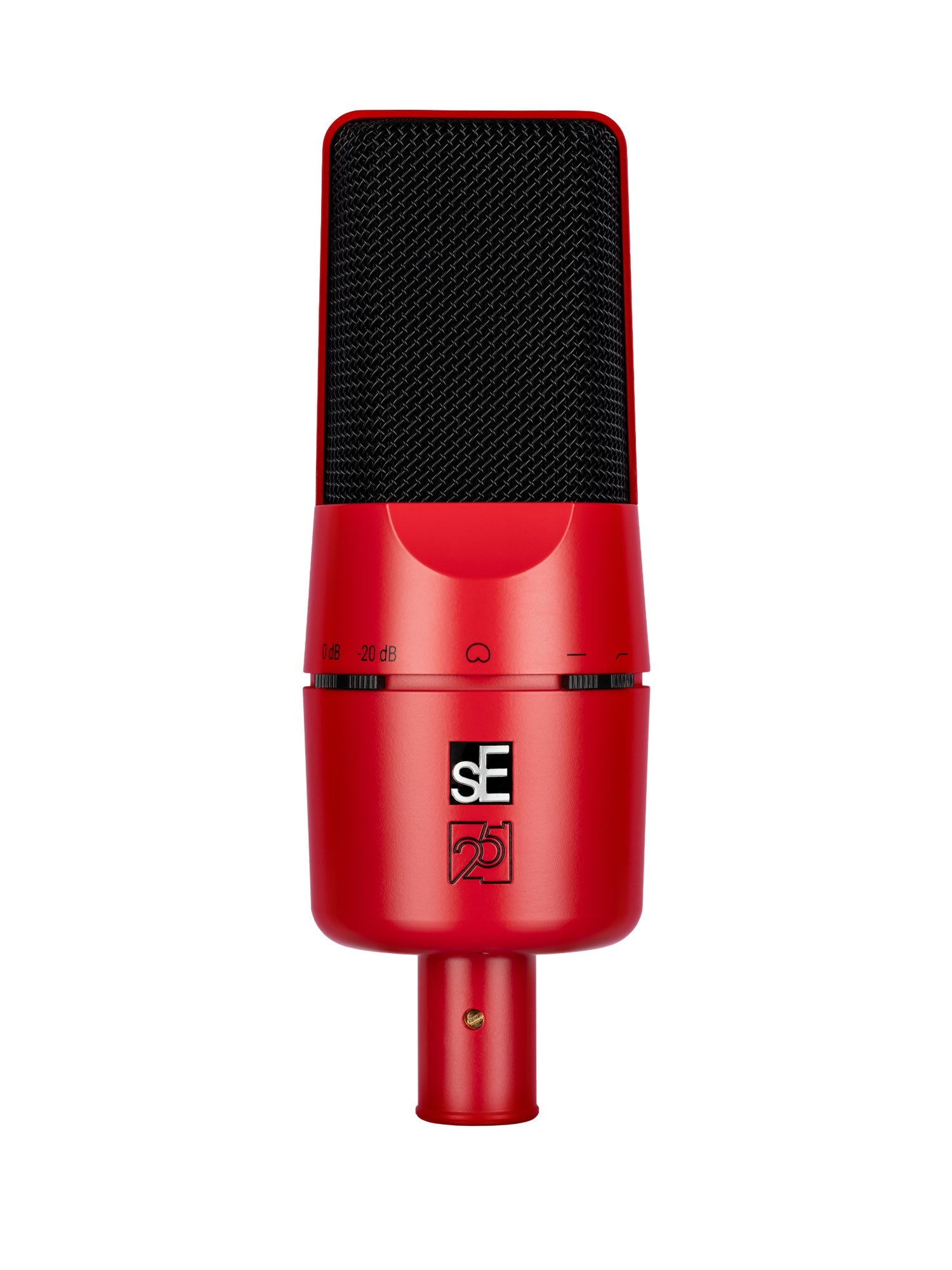 Red and black studio microphone with 3-pin XLR connector and rotary controls viewed from front.