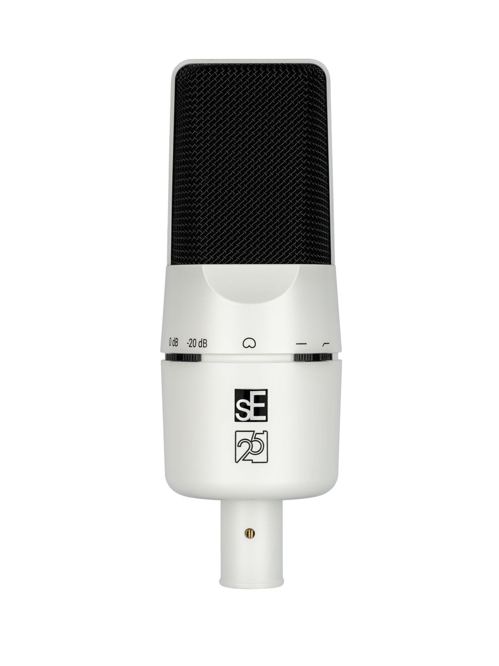 White condenser microphone with black grille showing brand logo, dials, and a three-pin connector.