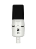 White condenser microphone with black grille showing brand logo, dials, and a three-pin connector.