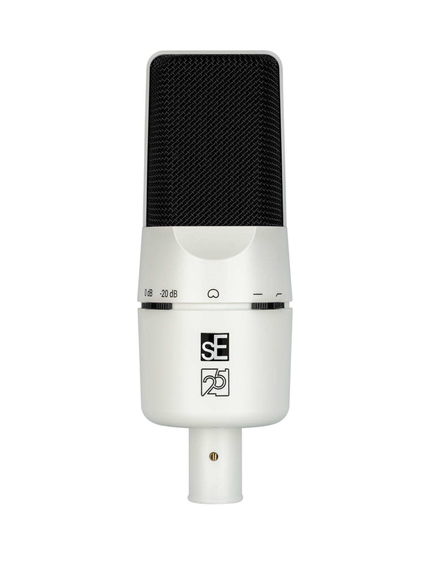 White condenser microphone with black grille showing brand logo, dials, and a three-pin connector.